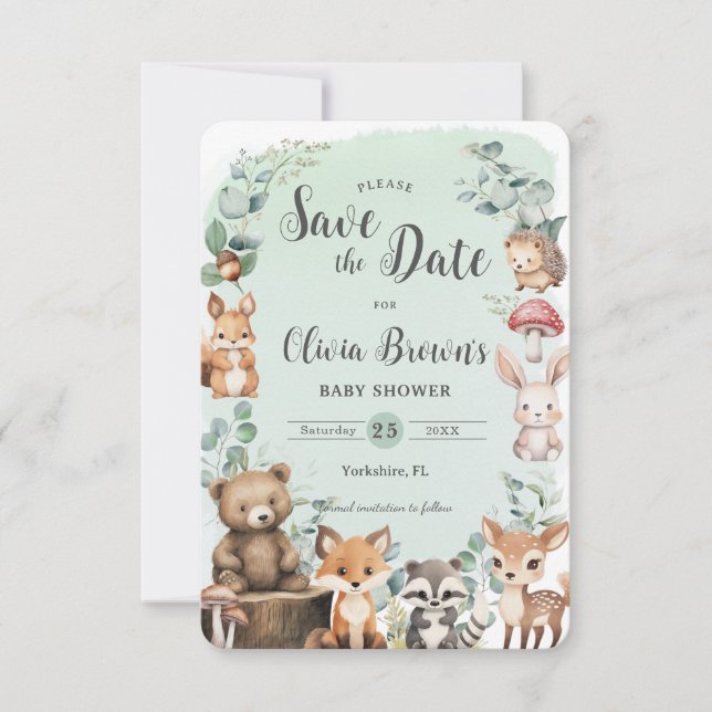 Cute Woodland Animals Greenery Green Baby Shower Save The Date (Front)