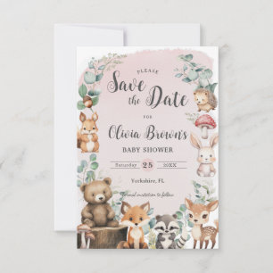 Cute Woodland Animals Greenery Pink Baby Shower Save The Date