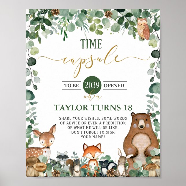 Cute Woodland Animals Greenery Time Capsule Sign (Front)
