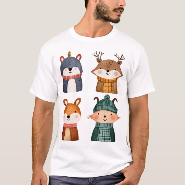 Cute Woodland Animals in Cosy Winter Scarves Class T-Shirt (Front)
