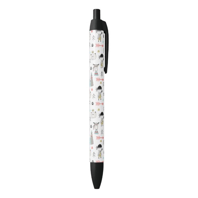 Cute Woodland Animals & Indian Boy Pattern Black Ink Pen (Bottom (Vertical))