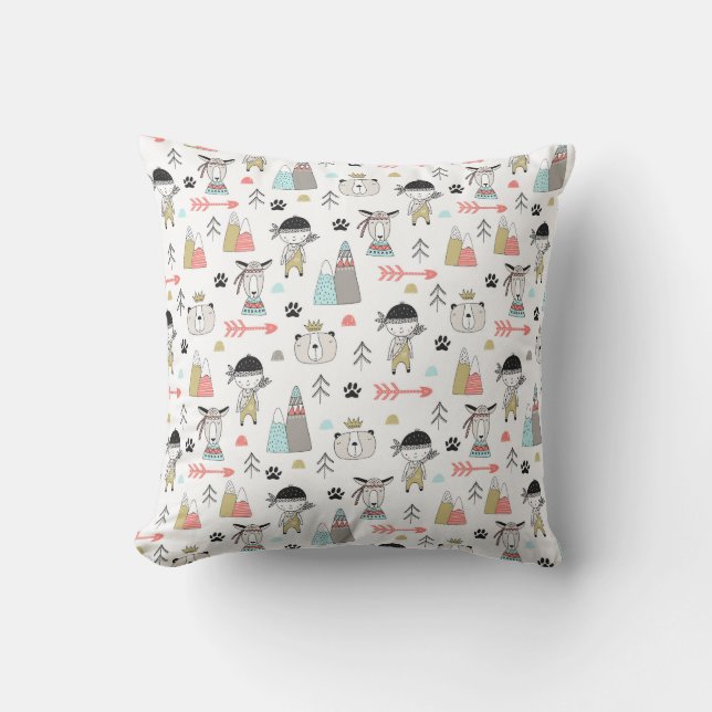 Cute Woodland Animals & Indian Boy Pattern Cushion (Front)