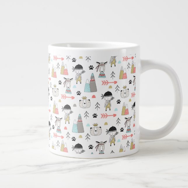 Cute Woodland Animals & Indian Boy Pattern Large Coffee Mug (Right)