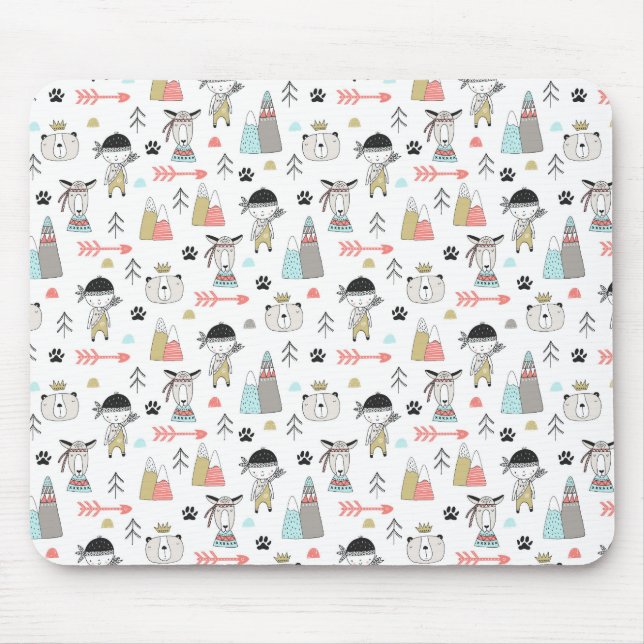 Cute Woodland Animals & Indian Boy Pattern Mouse Mat (Front)