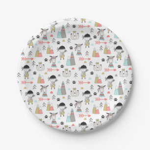 Cute Woodland Animals & Indian Boy Pattern Paper Plate