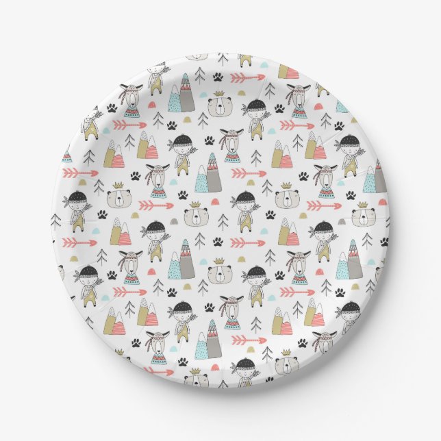 Cute Woodland Animals & Indian Boy Pattern Paper Plate (Front)