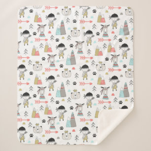 Cute Woodland Animals & Indian Boy Pattern Sherpa Blanket