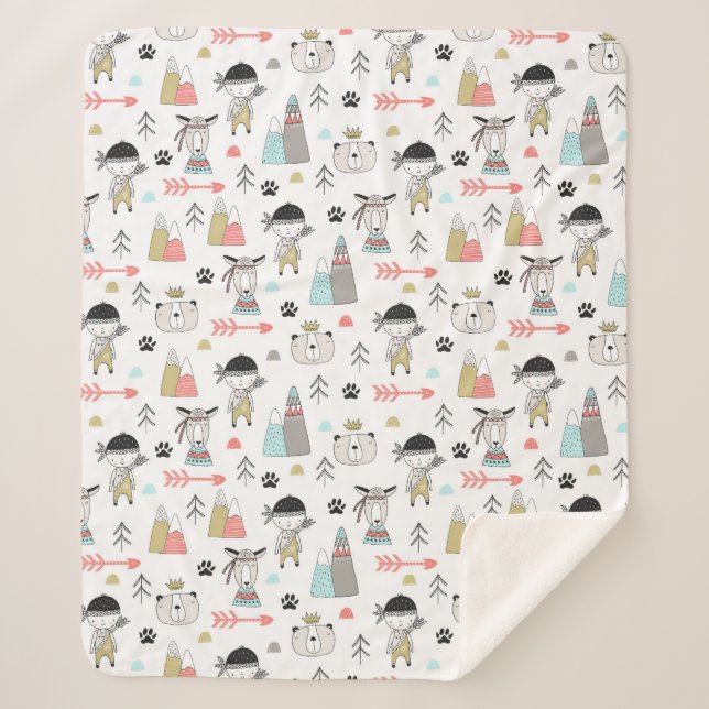 Cute Woodland Animals & Indian Boy Pattern Sherpa Blanket (Front)