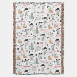 Cute Woodland Animals & Indian Boy Pattern Throw Blanket