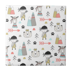 Cute Woodland Animals & Indian Boy Pattern Tile