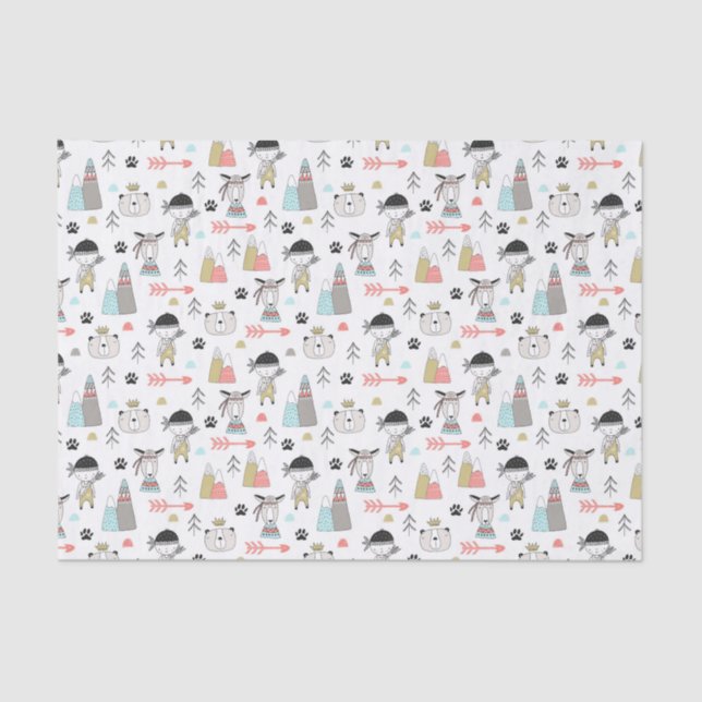 Cute Woodland Animals & Indian Boy Pattern Tissue Paper (Front)