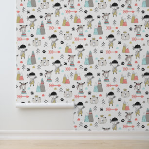 Cute Woodland Animals & Indian Boy Pattern Wallpaper