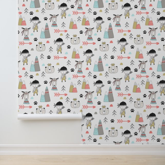 Cute Woodland Animals & Indian Boy Pattern Wallpaper (Application)