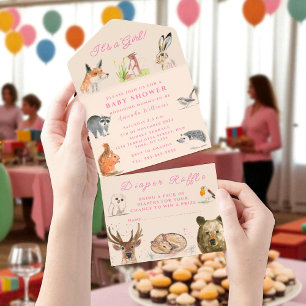 Cute Woodland Animals It's a Girl Baby Shower All In One Invitation