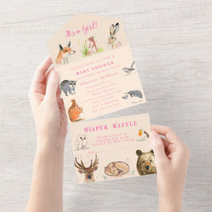 Cute Woodland Animals It's a Girl Baby Shower  All In One Invitation