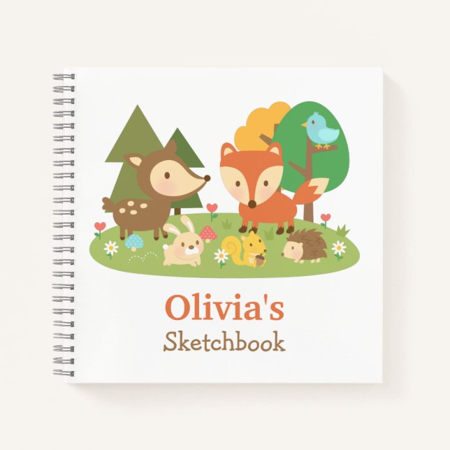 Cute Woodland Animals Kids Personalised Sketchbook Notebook (Front)