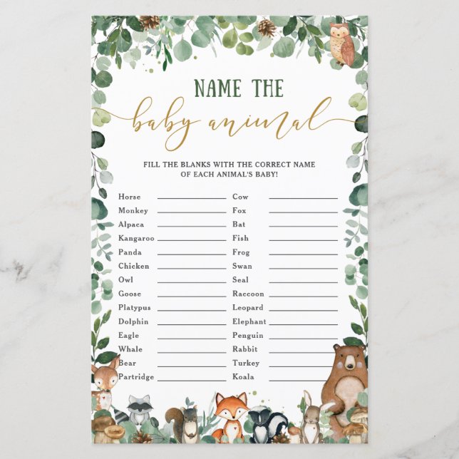 Cute Woodland Animals Name Baby Animal Match Game (Front)