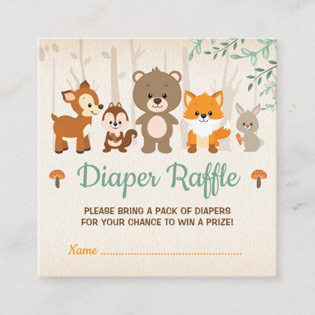 Cute Woodland Animals Neutral Baby Diaper Raffle Enclosure Card (Front)