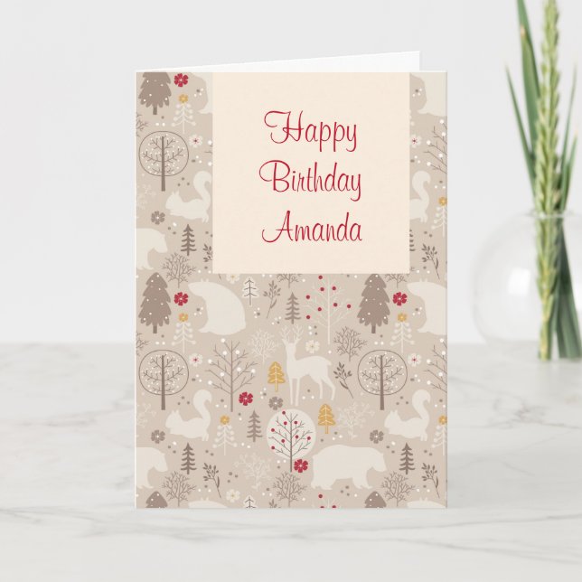 Cute Woodland Animals Nordic Pattern Birthday Card (Front)