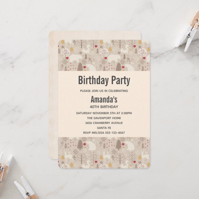 Cute Woodland Animals Nordic Pattern Birthday Invitation (Front/Back In Situ)