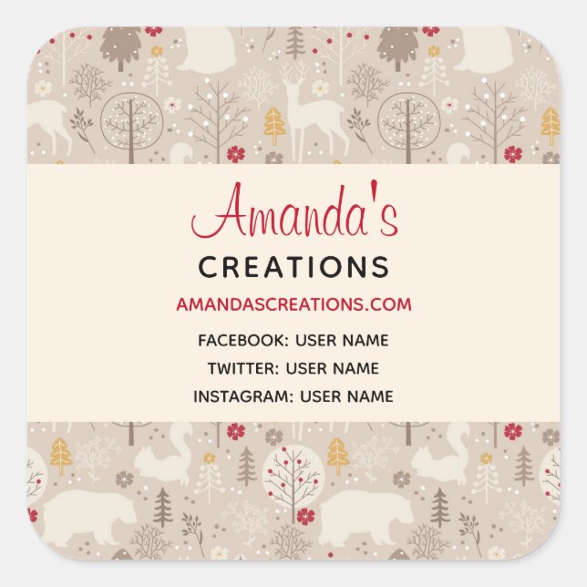 Cute Woodland Animals Nordic Pattern Business Square Sticker (Front)