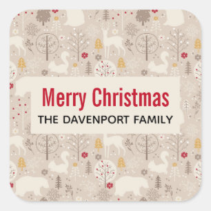 Cute Woodland Animals Nordic Pattern Christmas Square Sticker
