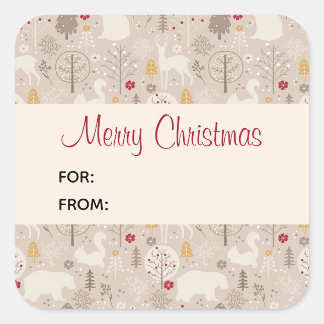 Cute Woodland Animals Nordic Pattern Christmas Square Sticker (Front)