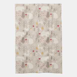 Cute Woodland Animals Nordic Pattern Christmas Tea Towel