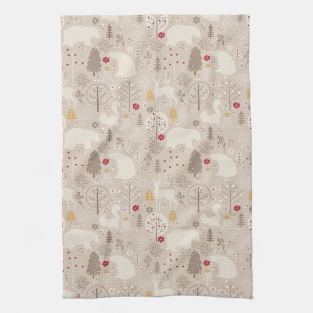 Cute Woodland Animals Nordic Pattern Christmas Tea Towel (Vertical)