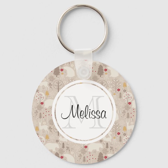 Cute Woodland Animals Nordic Pattern Key Ring (Front)