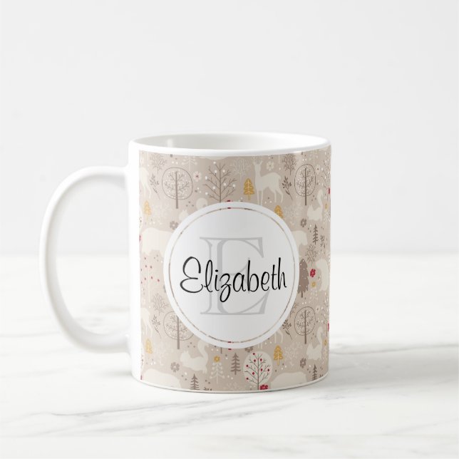 Cute Woodland Animals Nordic Pattern Monogram Coffee Mug (Left)