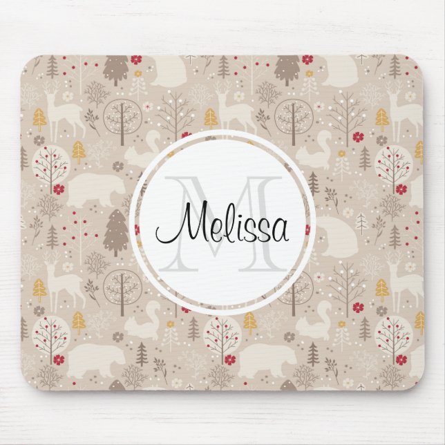 Cute Woodland Animals Nordic Pattern Monogram Mouse Mat (Front)