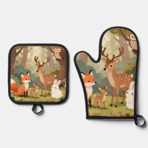 Cute Woodland Animals Nursery Scene Oven Mitt & Pot Holder Set