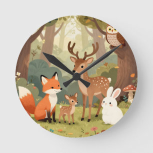 Cute Woodland Animals Nursery Scene Round Clock