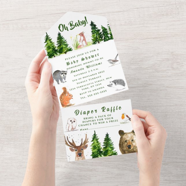 Cute Woodland Animals Oh Baby Shower Deer Bear All In One Invitation (Tearaway)