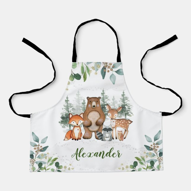Cute Woodland Animals Pine Trees Little Cook Apron (Front)