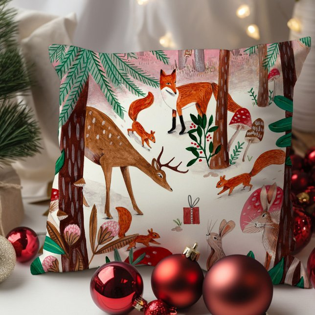 Cute Woodland animals pink and green forest Cushion (Cute Woodland animals pink and green forest Throw Pillow)