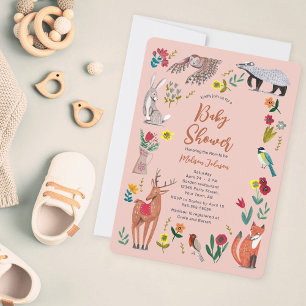Cute Woodland Animals Pink Baby Shower  Invitation