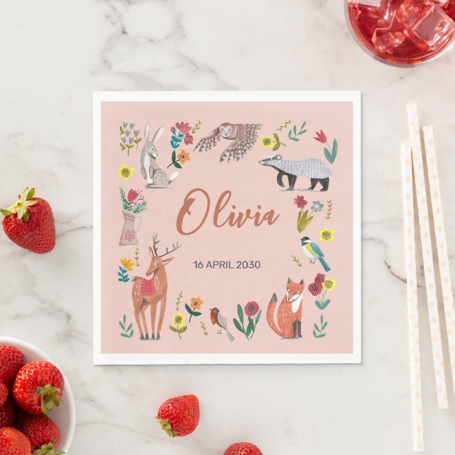 Cute Woodland Animals Pink Baby Shower Napkin (Insitu)