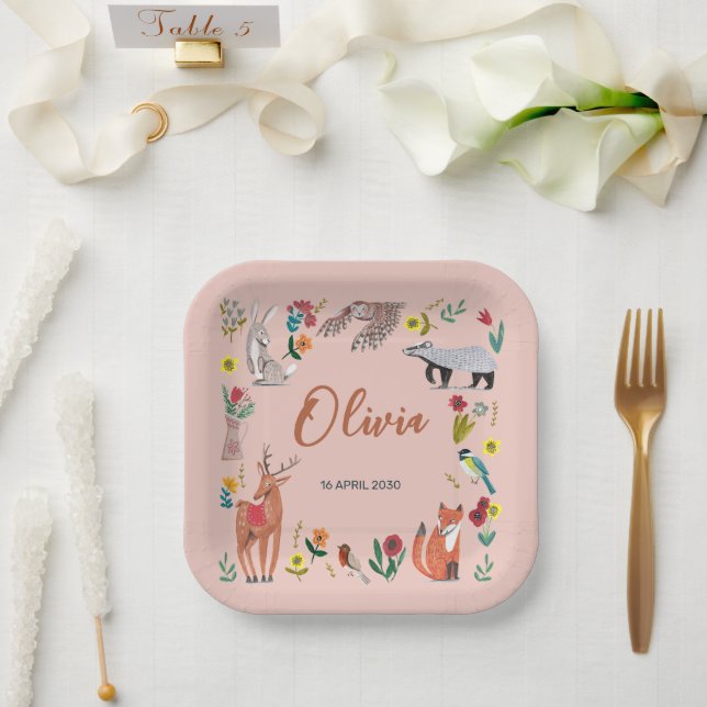 Cute Woodland Animals Pink Baby Shower Paper Plate (Wedding)