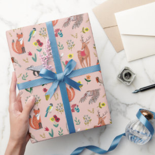 Cute Woodland Animals Pink Baby Shower Wrapping Paper
