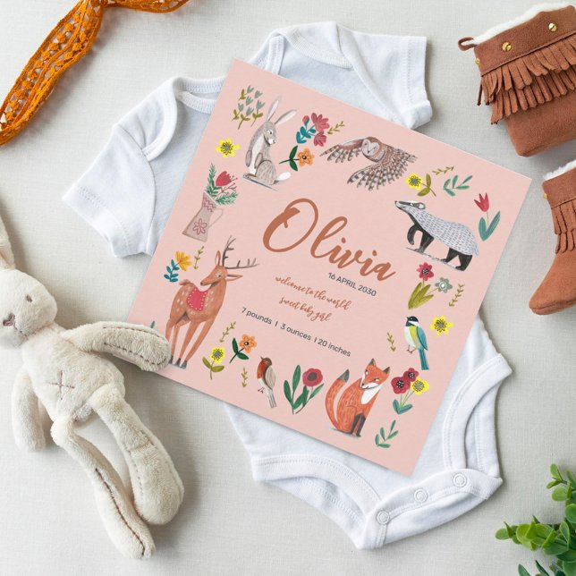 Cute Woodland Animals Pink Birth Announcement    (Creator Uploaded)