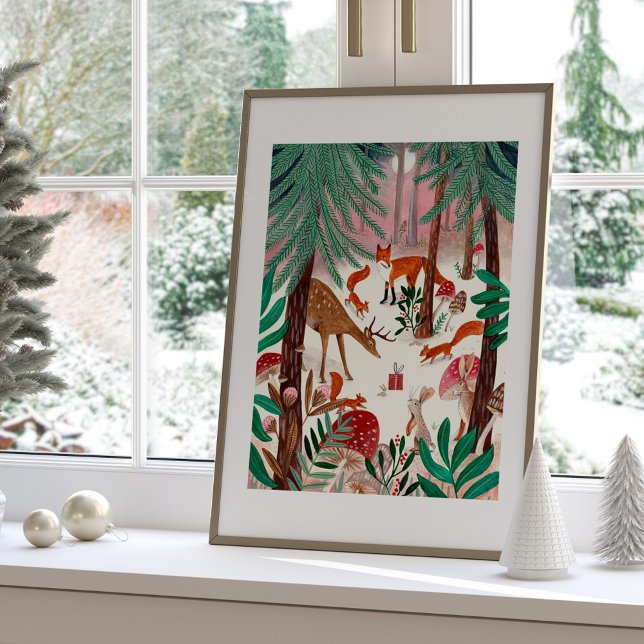 Cute Woodland Animals Pink Christmas Forest Poster (Cute Woodland Animals Pink Christmas Forest Poster)