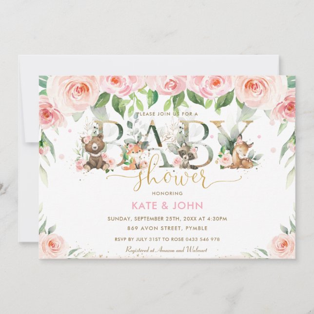 Cute Woodland Animals Pink Floral Baby Shower Girl Invitation (Front)