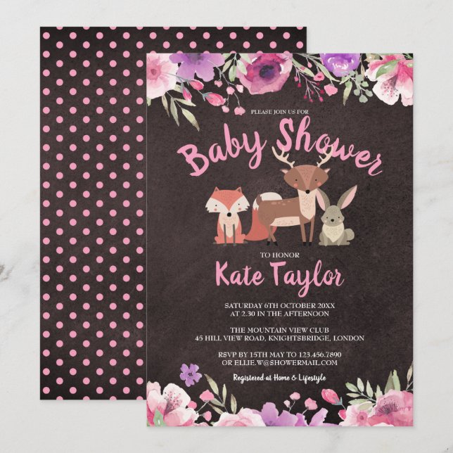 Cute Woodland Animals Pink Floral Baby Shower Invitation (Front/Back)