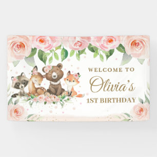 Cute Woodland Animals Pink Floral Backdrop Banner