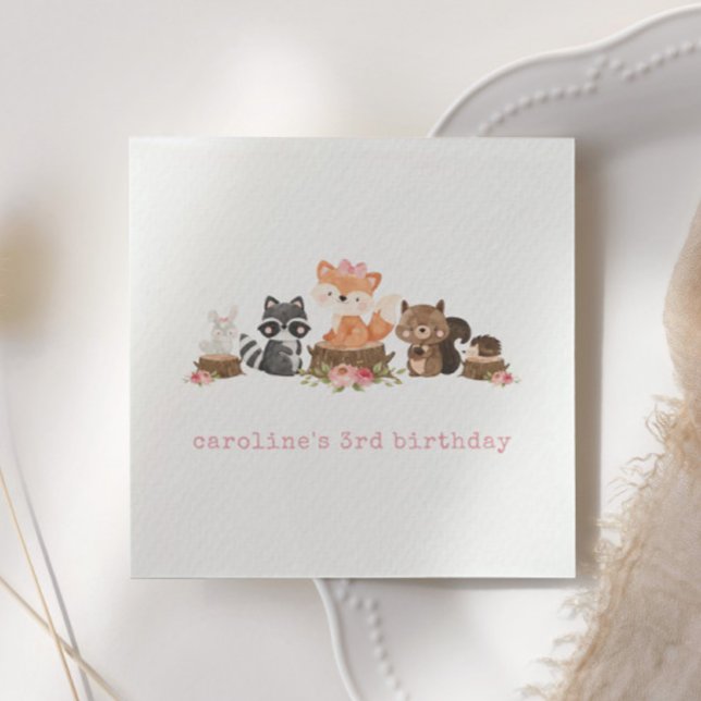 Cute Woodland Animals Pink Floral Birthday Party Napkin (Creator Uploaded)