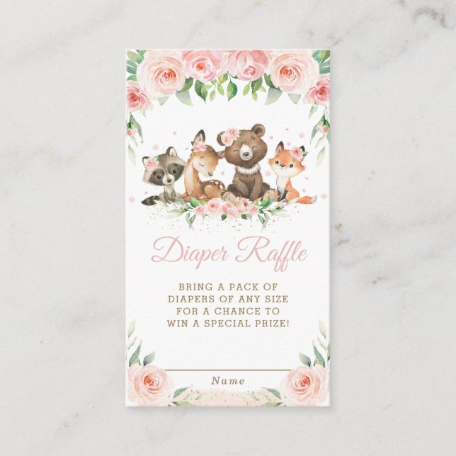 Cute Woodland Animals Pink Floral Diaper Raffle  Enclosure Card (Front)