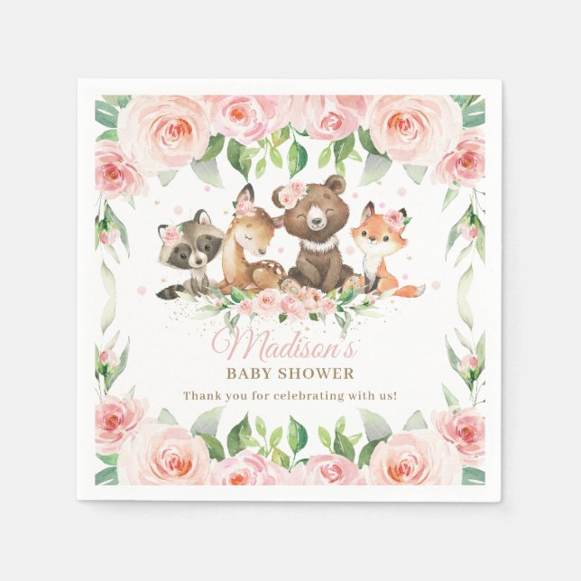 Cute Woodland Animals Pink Floral Girl Baby Shower Napkin (Front)