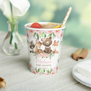 Cute Woodland Animals Pink Floral Girl Baby Shower Paper Cups